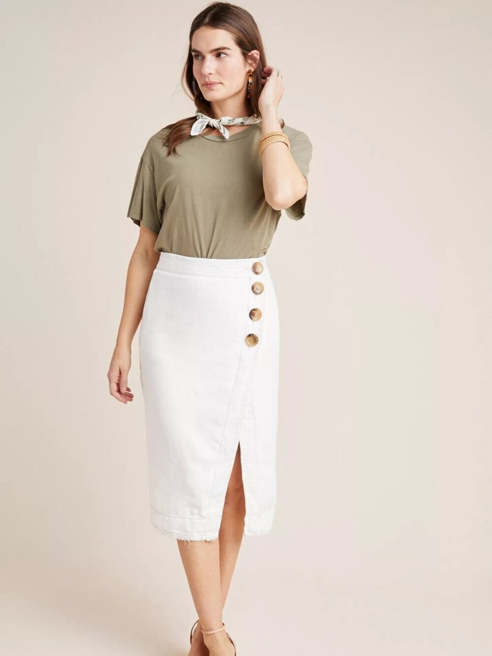 Anthropologie MAEVE Springtime Ivory Linen Blend Wrap Midi Pencil Skirt, Size 6